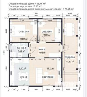 Дом 74м², 1-этажный, участок 7 сот.  