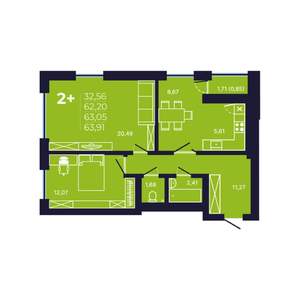 2-к квартира, вторичка, 63м2, 19/25 этаж