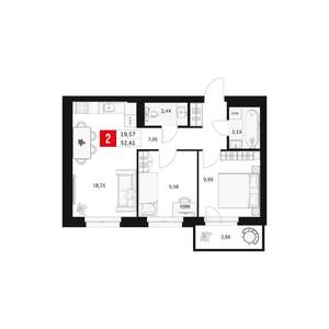 2-к квартира, вторичка, 52м2, 2/15 этаж