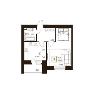 1-к квартира, строящийся дом, 41м2, 8/10 этаж