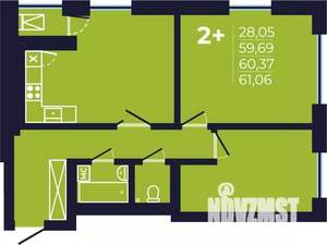 2-к квартира, строящийся дом, 60м2, 21/25 этаж