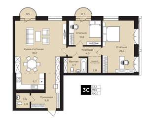 2-к квартира, вторичка, 100м2, 14/25 этаж