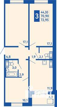 3-к квартира, строящийся дом, 73м2, 2/17 этаж
