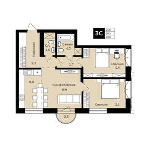 2-к квартира, вторичка, 69м2, 5/25 этаж