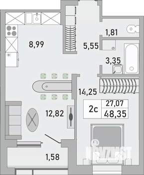 2-к квартира, строящийся дом, 48м2, 8/24 этаж