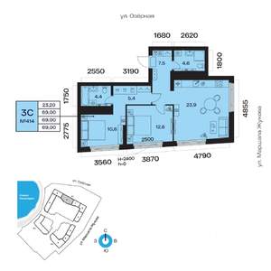 3-к квартира, вторичка, 69м2, 26/32 этаж
