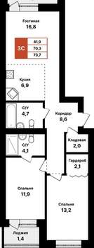3-к квартира, вторичка, 74м2, 7/8 этаж