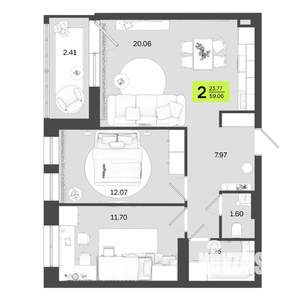 2-к квартира, вторичка, 59м2, 2/14 этаж