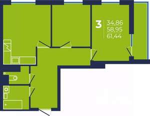 3-к квартира, строящийся дом, 61м2, 9/25 этаж