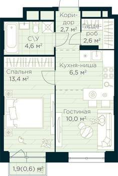 1-к квартира, строящийся дом, 40м2, 24/30 этаж