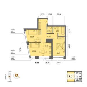 3-к квартира, вторичка, 58м2, 12/32 этаж