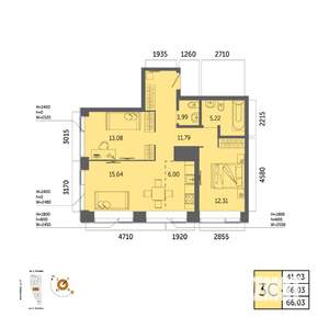 3-к квартира, вторичка, 66м2, 25/32 этаж