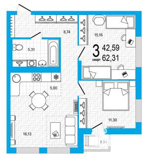 3-к квартира, строящийся дом, 62м2, 2/25 этаж