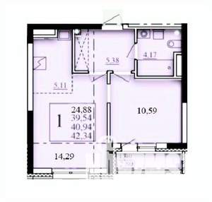 1-к квартира, строящийся дом, 41м2, 17/25 этаж