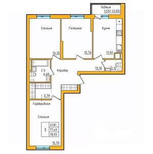3-к квартира, строящийся дом, 79м2, 9/27 этаж