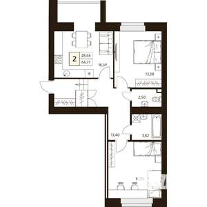 2-к квартира, вторичка, 67м2, 1/10 этаж