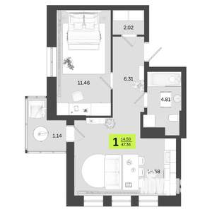 1-к квартира, вторичка, 47м2, 2/14 этаж