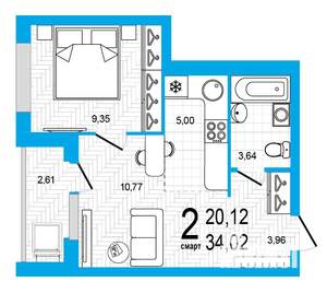 2-к квартира, строящийся дом, 34м2, 2/25 этаж