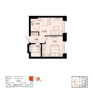 2-к квартира, вторичка, 34м2, 6/20 этаж