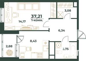 1-к квартира, строящийся дом, 37м2, 3/24 этаж