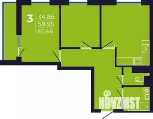3-к квартира, строящийся дом, 61м2, 7/25 этаж