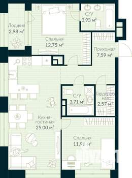 2-к квартира, вторичка, 69м2, 4/10 этаж