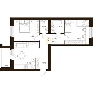 2-к квартира, строящийся дом, 64м2, 10/10 этаж