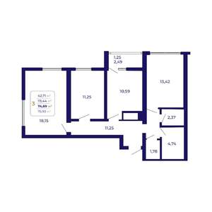 3-к квартира, строящийся дом, 75м2, 21/25 этаж