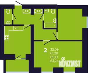 2-к квартира, строящийся дом, 64м2, 3/12 этаж