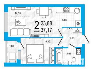 2-к квартира, строящийся дом, 37м2, 4/25 этаж