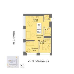 3-к квартира, вторичка, 56м2, 27/32 этаж
