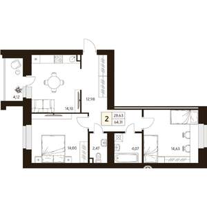 2-к квартира, строящийся дом, 64м2, 2/10 этаж