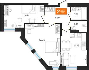 2-к квартира, вторичка, 65м2, 3/25 этаж