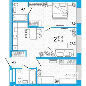 2-к квартира, вторичка, 72м2, 6/18 этаж