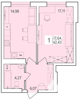 1-к квартира, строящийся дом, 42м2, 22/25 этаж