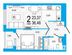 2-к квартира, строящийся дом, 36м2, 23/25 этаж