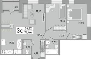 3-к квартира, вторичка, 72м2, 24/24 этаж