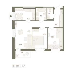 3-к квартира, вторичка, 63м2, 15/25 этаж