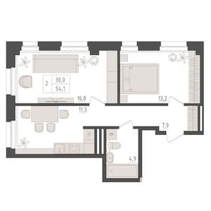 2-к квартира, вторичка, 54м2, 2/5 этаж