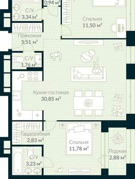 2-к квартира, строящийся дом, 73м2, 28/30 этаж