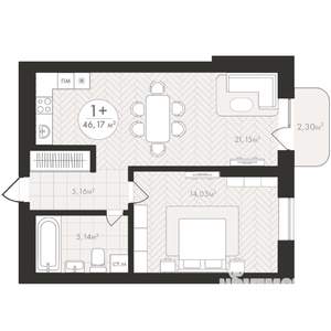 1-к квартира, строящийся дом, 46м2, 4/24 этаж