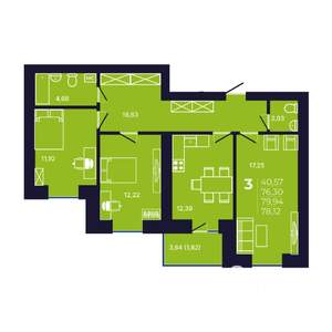 3-к квартира, строящийся дом, 78м2, 3/12 этаж
