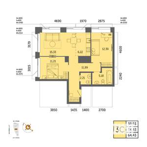 3-к квартира, вторичка, 64м2, 31/32 этаж