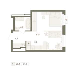 1-к квартира, вторичка, 34м2, 6/25 этаж