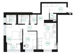 3-к квартира, строящийся дом, 73м2, 3/25 этаж