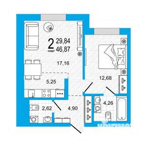 1-к квартира, вторичка, 47м2, 17/26 этаж