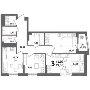 3-к квартира, вторичка, 79м2, 20/21 этаж