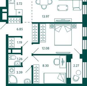 2-к квартира, строящийся дом, 54м2, 18/27 этаж