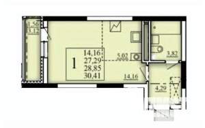1-к квартира, строящийся дом, 29м2, 6/25 этаж