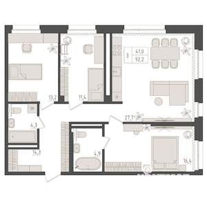 3-к квартира, вторичка, 92м2, 4/18 этаж